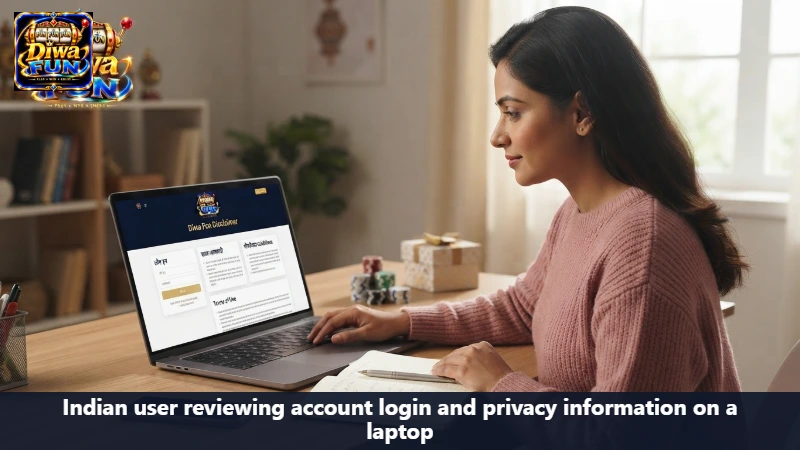 Indian user reviewing account login and privacy information on a laptop