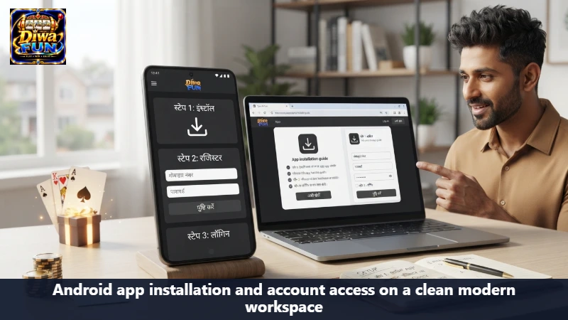 Android app installation and account access on a clean modern workspace