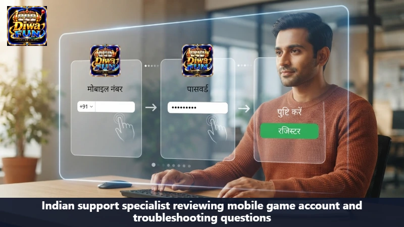 Indian support specialist reviewing mobile game account and troubleshooting questions
