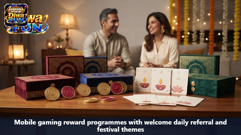 Mobile gaming reward programmes with welcome daily referral and festival themes